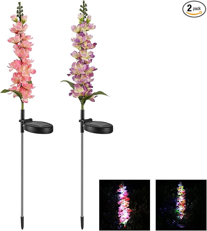 Solar Delphinium Flowers Lights Waterproof Color Lights Upgraded Solar Panel 2 Light Modes Solar Waterproof LED Solar Lights Outdoor for Yard Garden Lawn Pathway Decoration (2)