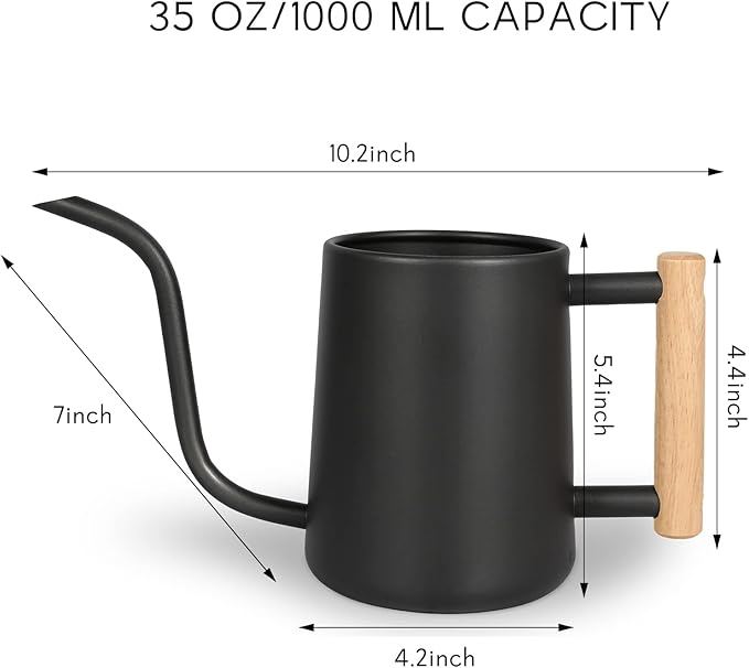 Watering Can for Indoor Plants, 35 oz/1000 ml Metal Stainless Steel Pot with Long Spout for House Plants Bonsai Outdoor Garden Flower Decorative (Black)