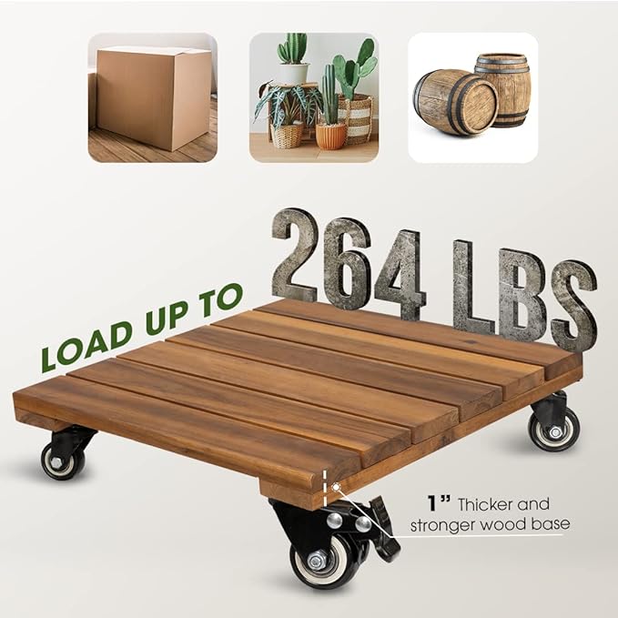 2pack Wood Plant Caddy With Wheels Heavy Duty, 264 Lbs Capacity, 12 Inch Acacia Hardwood Plant Dolly, Plant Stand with 360° Lockable Wheels for Plant Pots, Heavy Objects Hauling - Natural Wood