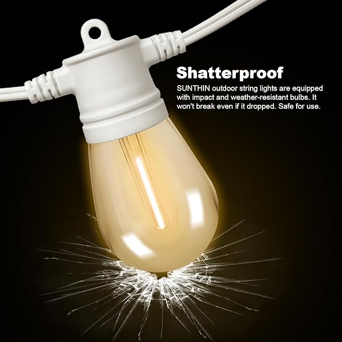 SUNTHIN White String Lights, 144FT(3 Pack 48ft) White Outdoor Lights with Shatterproof LED Bulbs for Patio, Garden, Backyard, Porch, Cafe, Deck, Wedding, Party