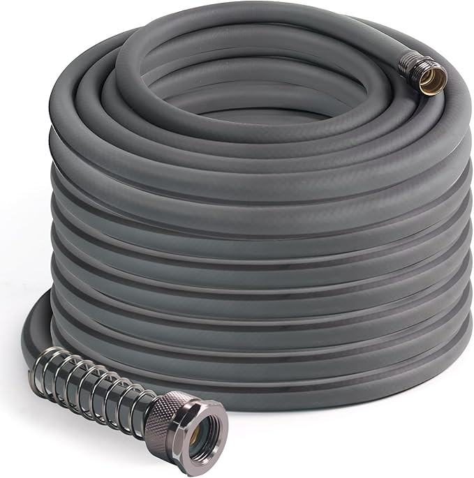 5/8’’ Heavy Duty Garden Hose 100 ft – Outdoor Hybird Water Hose with Solid Fitting - Flexible, Kinkless, Lightweight Garden Hose for Lawn Watering, Car Washing - Burst 500 Psi (Grey,150 ft)