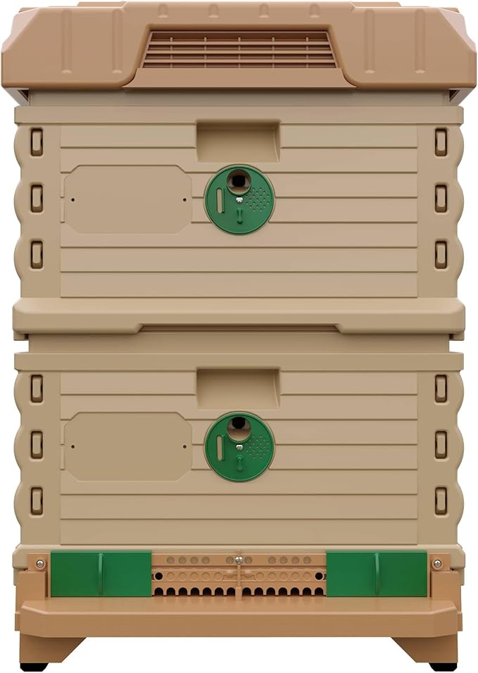 Ergo Insulated 10 Frame Bee Hive Set [NO Frames Included] (Double Deep, Tan Body Green Entrance)