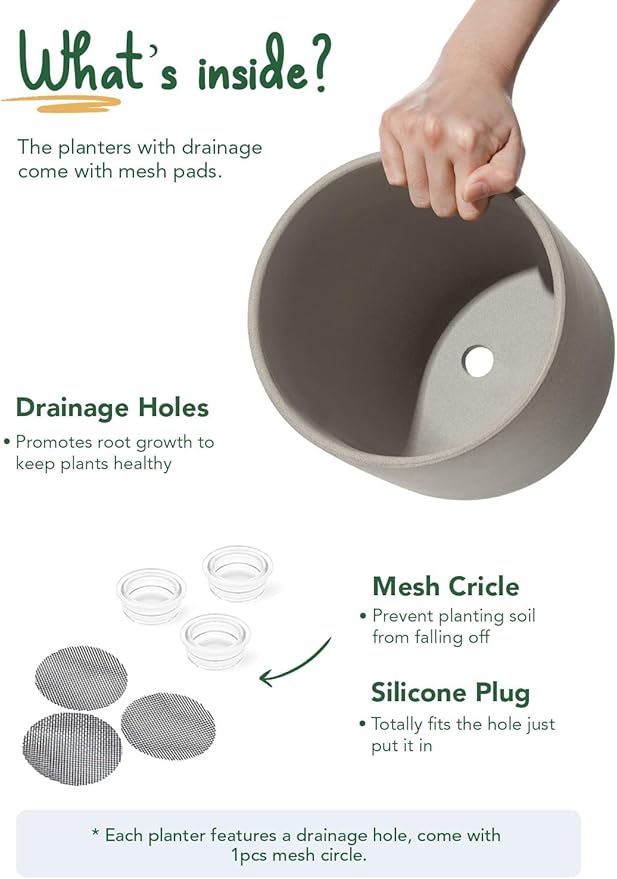 LE TAUCI 6+8+10 Inch Plant Pots Indoor, Ceramic Planters for Indoor Plants, Cylinder Pots with Drainage Hole and Plug, Planter Pots for Home Office Room Patio, Set of 3, Neutral Gray