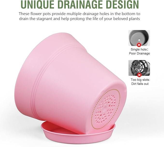 6 inch Plastic Nursery Pots, 16 Pack Plant Pots for Indoor Outdoor Plants, Flower Pots with Drainage Holes and Saucers, Decorative Seedling Starter Planters for House Plants, Colorful