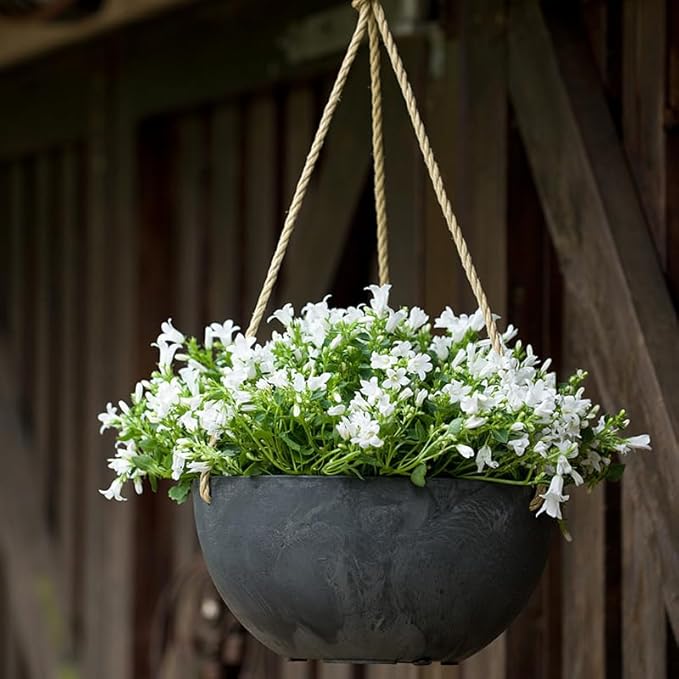 Root & Vessel Self Watering Hanging Planter for Indoor or Outdoor Plants, Unique Marbled Hanging Basket Made of Eco-Friendly Blend of Stone & Plastic, Black, 12"
