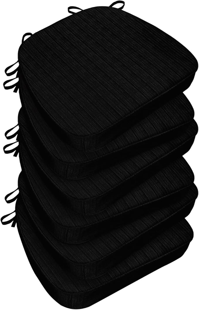 Chair Cushions for Dining Chairs, Indoor Chair Cushions with Ties，Waterproof Chair Pads Set of 6, Black, 17x16x2.5 Inch