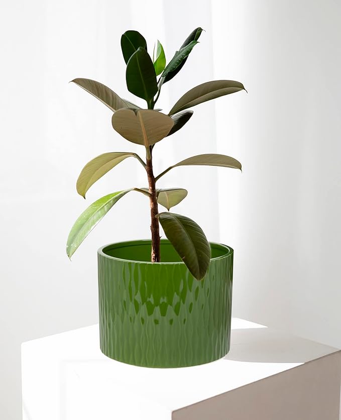 LaDoVita Ceramic Plant Pot with Stand, 10 Inch Planter with Wood Shelf, Modern Round Flower Pots Indoor with Wood Planter Holder, Dark Green Water Ripple Pattern