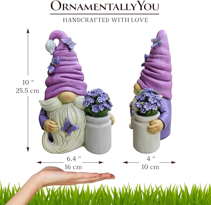 Garden Grace Lavender Gnome Figurine, 10" Purple Home Decor Statue with Butterflies and Flowers