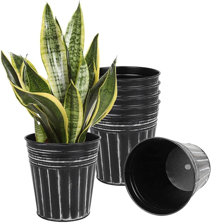 vensovo 7 Inches Black Metal Rustic Flower Pots - 6 Pcs Medium Galvanized Planters with Drainage Hole and Rubber Plug, Rustproof Tin Bucket Plant Pot Farmhouse Vintage Style for Decor