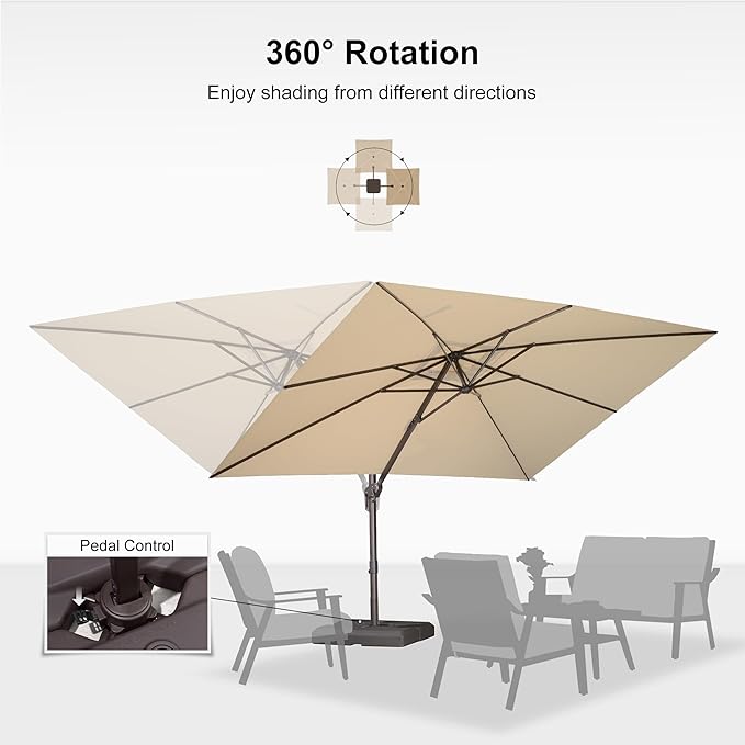 PURPLE LEAF 9' X 11.5' Rectangle Cantilever Umbrella Patio Umbrella Outdoor Aluminum Offset Hanging Umbrella with 360-degree Rotation for Pool Garden Backyard Deck, Beige