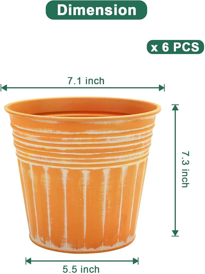 vensovo 7 Inches Orange Metal Rustic Flower Pots - 6 Pcs Medium Galvanized Planters with Drainage Hole and Rubber Plug, Rustproof Tin Bucket Plant Pot Farmhouse Vintage Style for Decor