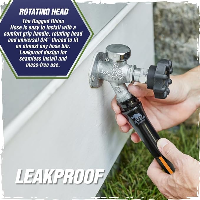 Rugged Rhino Heavy Duty Flexible Light Weight Garden Hose, 25ft x 5/8in, 4 Layer Leakproof Outdoor Gardening Tools, Watering Supplies, Powerful Water Pressure for Lawn, Flowers, Black Orange