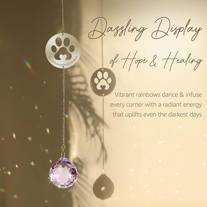 Dog Memorial Gifts, Unique Loss of Pet Sympathy Idea, Pink Crystal Ball Rainbow Suncatcher with Paw Print for Cat or Dog Remembrance and Bereavement