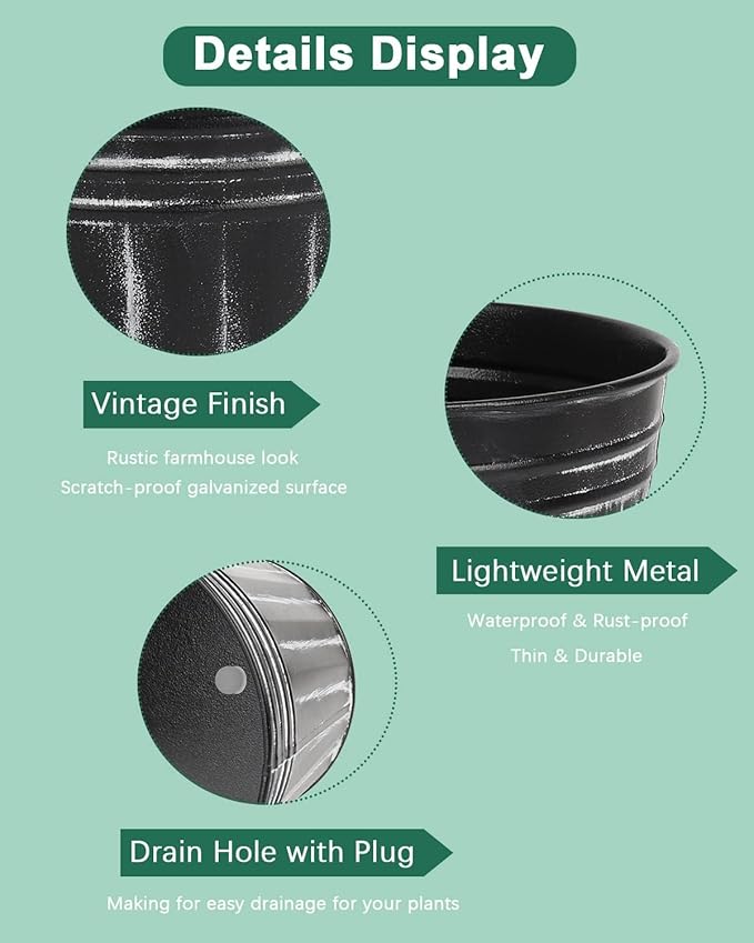 vensovo 6 Inch Black Metal Rustic Flower Pots - 6Pcs Galvanized Planters with Drainage Hole and Rubber Plug, Rustproof Metal Bucket Plant Pots Farmhouse Vintage Style for Decor