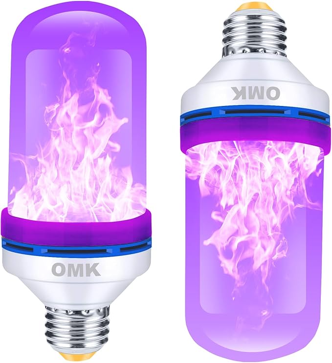 OMK 【Upgraded】 Purple LED Flame Light Bulbs - Flickering Light Bulbs with Gravity Sensing, E26 Base Flame Bulb, Holiday Christmas Indoor Outdoor Light Bulbs, Valentine Decoration Gifts Lights (2Pack)