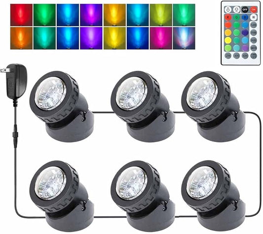 Pond Lights with Timer, Underwater RGB Colored Fountain Lights IP68 Waterproof Spotlights Adjustable Submersible LED Yard Spot Lights for Outdoor (Set of 6)