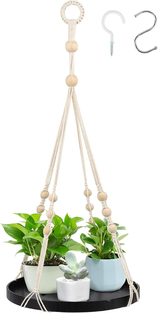 SUREAM Indoor Hanging Planter Shelf, Black Macrame Plant Hanger, Handmade Cotton Plant Hangers with Wood Tray, Planter Flower Pots Holder for Window Wall Ceiling Home Porch Patio Decor