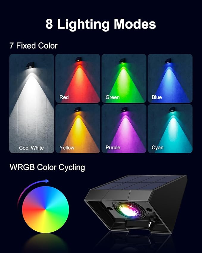 12 Pack Color Changing Solar Powered Fence Lights Outdoor Decorative LED Waterproof Yard Lighting for Outside Wall, Deck, House Patio, Rail, Stair, Backyard, 8 Colorful Modes, Easy 1-Min Installation