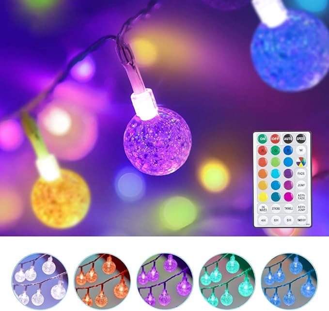 Coloured Globe String Lights Battery Operated,1 Pack 26.2FT 60 LED 16 Colour Changing Water Proof Crystal Ball Outdoor String Lights with Remote Control for Home, Patio,Party,Garden ,Christmas,Easter