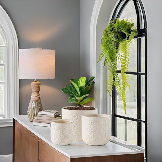 Docrin Ceramic Plant Pots Indoor：6.5+5.3+4 Inch Planters with Drainage Holes for Home /Office - Set of 3 / White