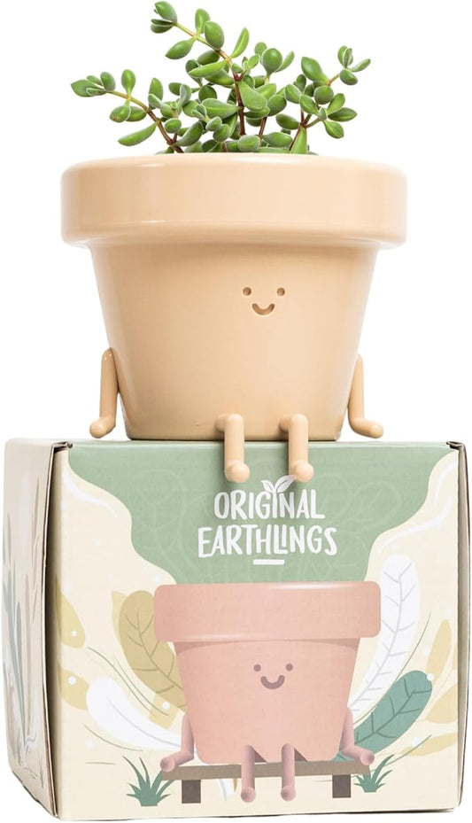 Original Earthlings Sitting Pot - 3.5 Inch Cute Plant Pot - Plastic Funny Planter with Drainage - Unique Cactus Plant Lover Gift - Small Succulent Face Flower Pot - Cute Plant Gifts for Plant Lovers