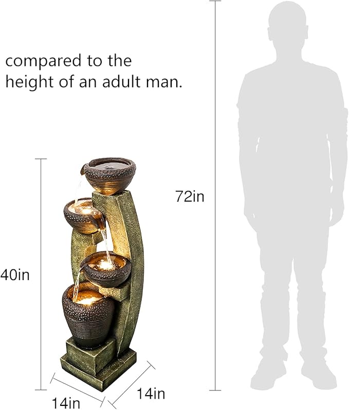 Naturefalls 40” H Modern Outdoor Fountain - 4 Crocks Outdoor Garden Fountains with Contemporary Design&LED Light for Garden, Patio, Deck, Porch, Backyard and Home Art Decor (40in, Light Gray)