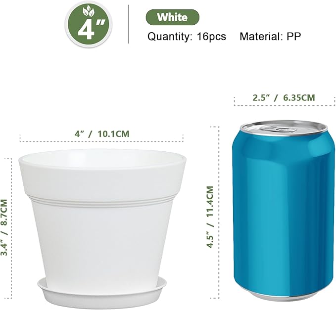 4 inch Small Plastic Nursery Pots, 16 Pack Plant Pots for Indoor Outdoor Plants, Flower Pots with Drainage Holes and Saucers, Decorative Seedling Starter Planters for House Plants, White