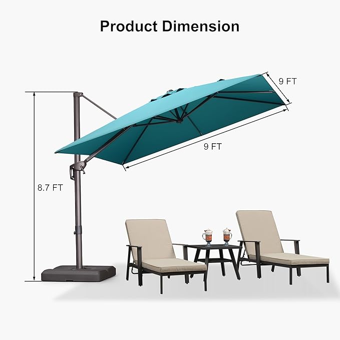 PURPLE LEAF 9 Feet Patio Umbrella Square Cantilever Umbrella Outdoor with 360° Rotation and Aluminum Offset Hanging for Pool Deck Garden Backyard, Turquoise