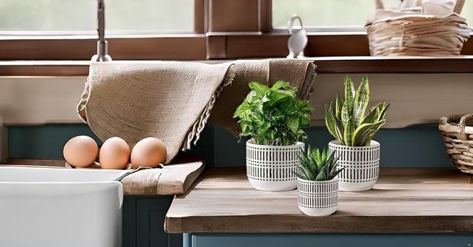 Docrin Plant Pots Ceramic: 6.5+5.3+4 Inch Flower Pots with Drainage Holes for Home/Office - Set of 3/White and Black