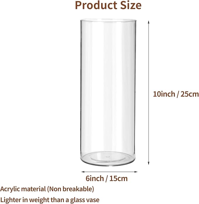 Clear Flower Vase, Non-breakable Vases, 6" W x 10" H, Acrylic Vase, Aesthetic Room Decor Cylindrical Modern Flower Vases for Table Centerpiece, Home Decor, Women Floral Arrangement Gift