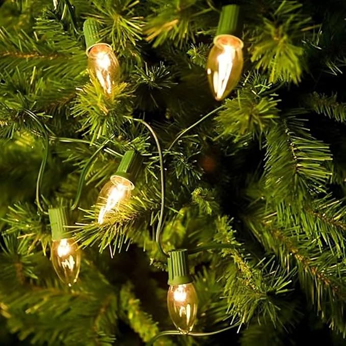 C9 Clear Christmas String Lights 25Ft C9 Outdoor Lights String with 26 Clear Bulbs, Hanging Christmas Roofline Light Patio Lights for Outdoor Decor 7 Watt C9/E17 Intermediate Base-Green Wire