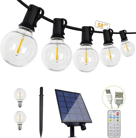 58FT Solar String Lights Waterproof with Remote, G40 LED Dimmable Globe Outdoor Lights for Patio with 27 Edison Vintage Shatterproof Bulbs, Connectable Backyard Lights for Bistro, Porch