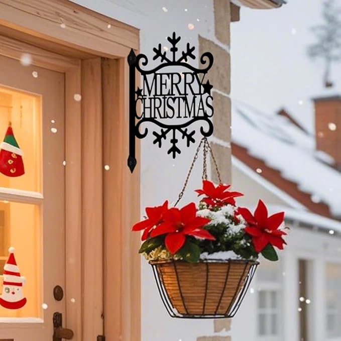 peacoblue Iron Plant Hangers Hooks for Outdoor Indoor Hanging Plants Flower Fern Pots Lantern Bird Feeder,11.5"x14.3" Weather Resistant Metal Wall Holder for Porch Garden Farmhouse(Merry Christmas)