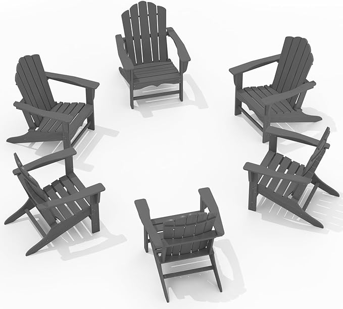 KINGYES HDPE Adirondack Chair Set of 6, Classic Oversize Adirondack Chair, Grey