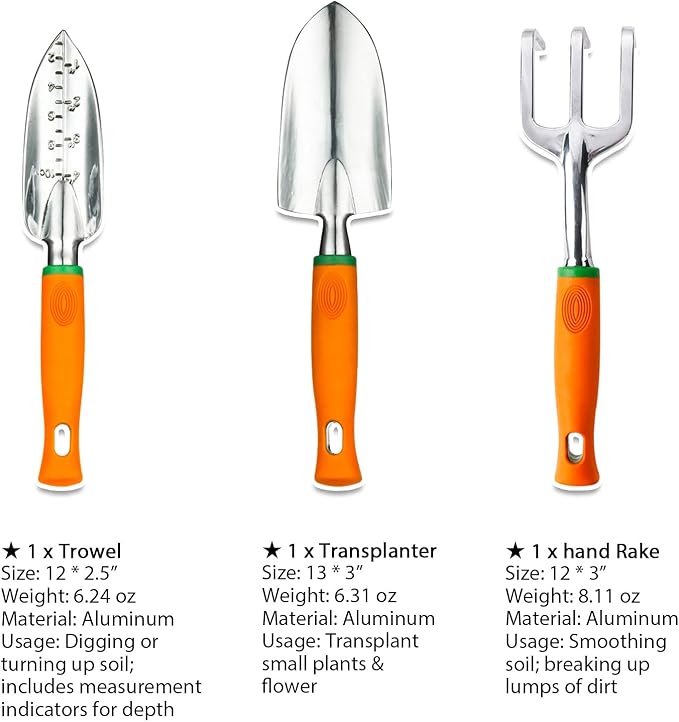 Ukoke Garden Tool Set, 3 Piece Aluminum Hand Tool Kit, Outdoor Tool, Heavy Duty Gardening Work Set with Ergonomic Handle, Gardening Tools for Women Men