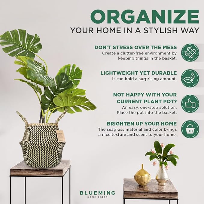 Olive Tree Basket – Small Seagrass Plant Pot for Tall Indoor Artificial Trees, Woven Planter 8-9 Inches, Wicker Baskets for Decorative Storage (Black, Medium)