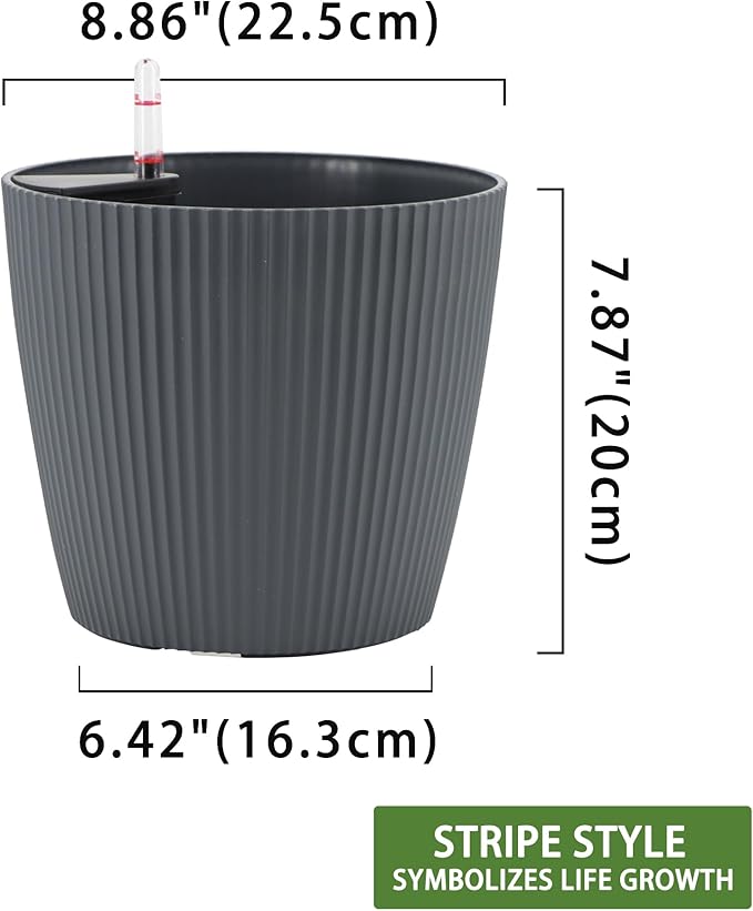 Dexceder 9x8 Self Watering Planters Indoor, Inner Mat Design, Table Flower Plant Pot with Water Level Indicator (2 Pack, Gray)