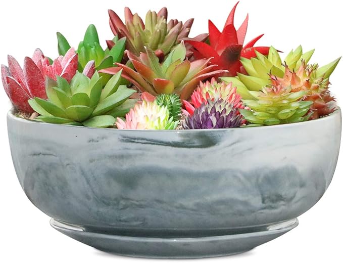 G EPGardening 8in Marble Pattern Large Round Succulent Planter Pot Modern Flower Pot Indoor and Outdoor Planter with Marble Tray