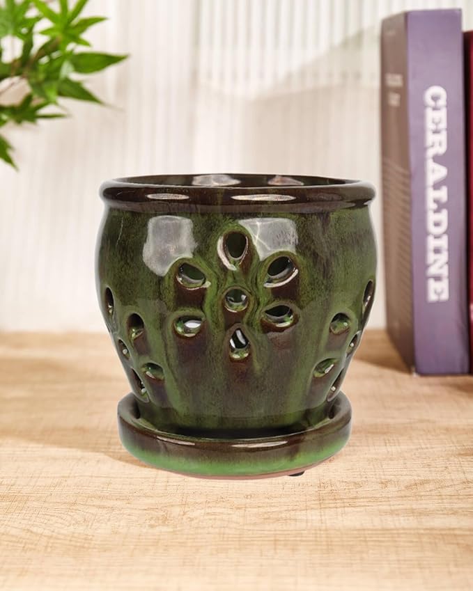 vensovo 5 Inch Ceramic Orchid Pots with Holes and Saucers - 1 Pcs Small Succulent Pot for Repotting, Garden Flowerpots for Plants Indoor and Outdoor Promotes Air Circulation, Yellow Mixed Brown