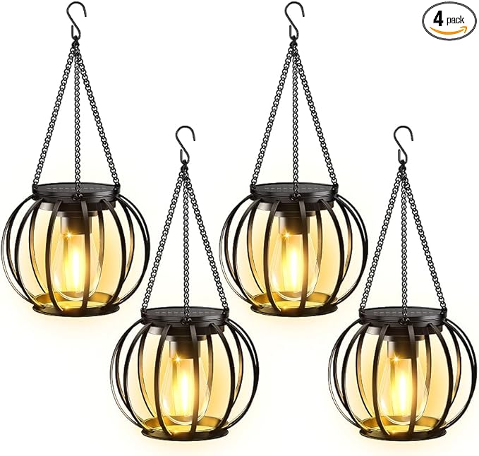 KOOPER Solar Lanterns Outdoor Lights, 4 Pack Upgraded Metal Solar Lantern Lights, Brighter Hanging Solar Lights Outdoor Waterproof, Auto On/Off Outdoor Solar Lights for Yard Garden Patio Pathway Decor