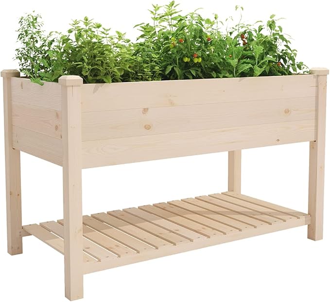 Raised Garden Bed with Storage Shelf 48.5x24.4x30 Inch, Elevated Wood Planter Box with Legs for Vegetable Flower Herb Outdoors Backyard, Patio, Balcony with Liner