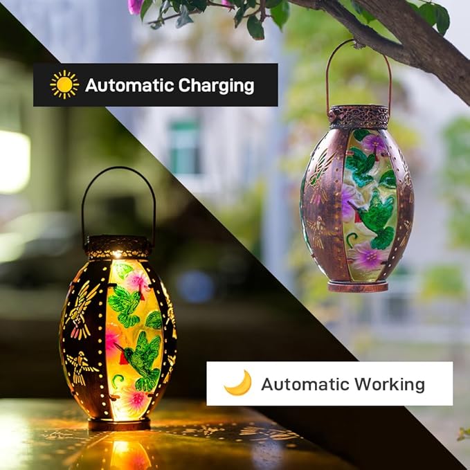 Starsoul Flamingo + Hummingbird Solar Lantern Solar Hot Air Balloon Flickering Flame Hanging Garden Light Stained Glass & Metal Outdoor Lantern Waterproof Hummingbird Hanging Lantern