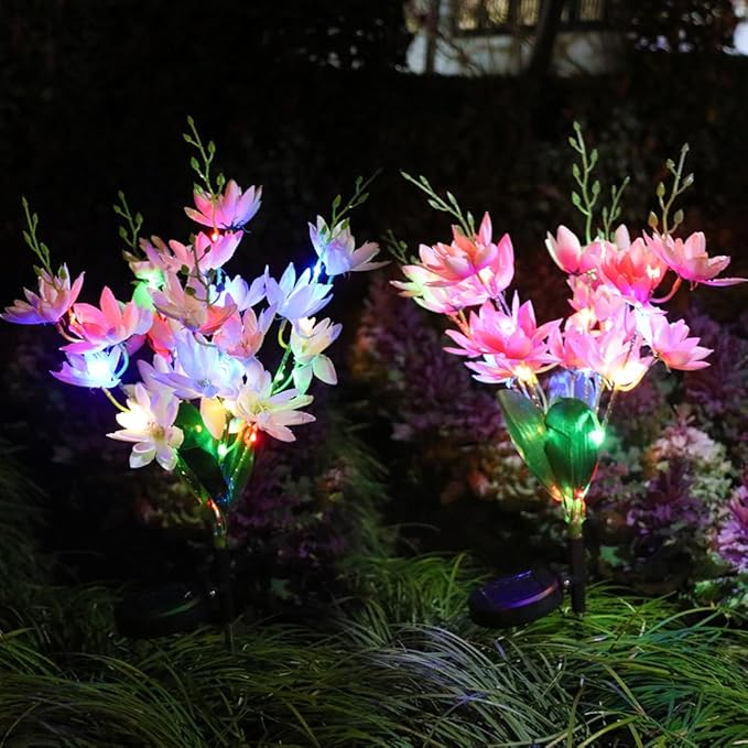 GUOCHENG 4 Pack Solar Flower Lights Outdoor Garden, Denser 5-Head Snow Lotus Solar Flower Decor, 4-Color Light & 2 Lightning Modes for Outside Yard Patio Cemetery Decorations(Colorful)
