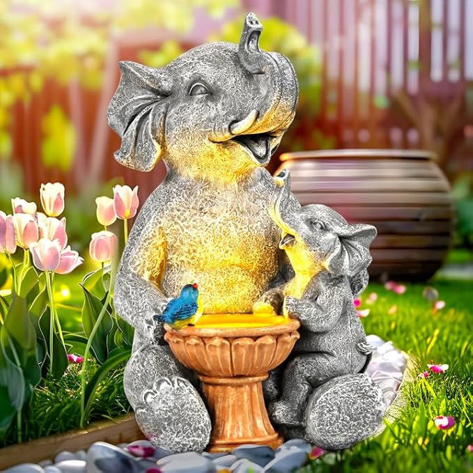 GIGALUMI Solar Garden Decor Bird Bath Elephant Statues Outdoor, Birthday Gifts for Women, Gifts for Mom Grandma Senior Elder, Elephant Ornament for Balcony, Garden, Patio, Yard, Lawn