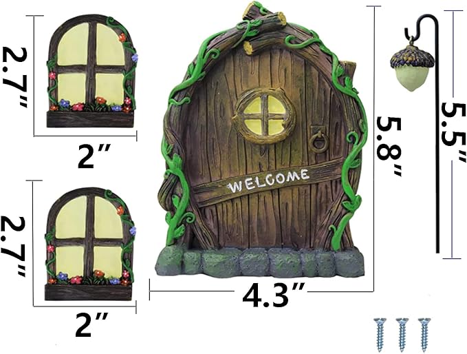 Resin Miniature Fairy Gnome Home Windows and Welcome Door with Fairy Lantern,Glow in Dark Art Sculpture for Trees Outdoor Indoor Garden Yard Wall Decorations