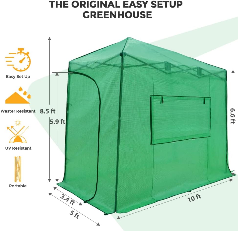 EAGLE PEAK Instant Pop-up Greenhouse, Indoor Outdoor Plant Gardening Green House, Roll-Up Zipper Doors and Side Windows, Lean-to 10x5 ft, PE Cover, Green/Clear