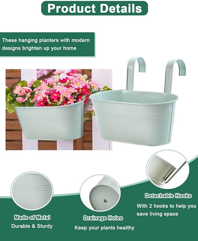 vensovo Metal Railing Planter for Outdoor Plants - 3 Pack Balcony Hanging Flower Pots with Detachable Hooks and Drain Holes Oval Bucket Rail Box Fence Planters for Home Garden Decor, Light Green
