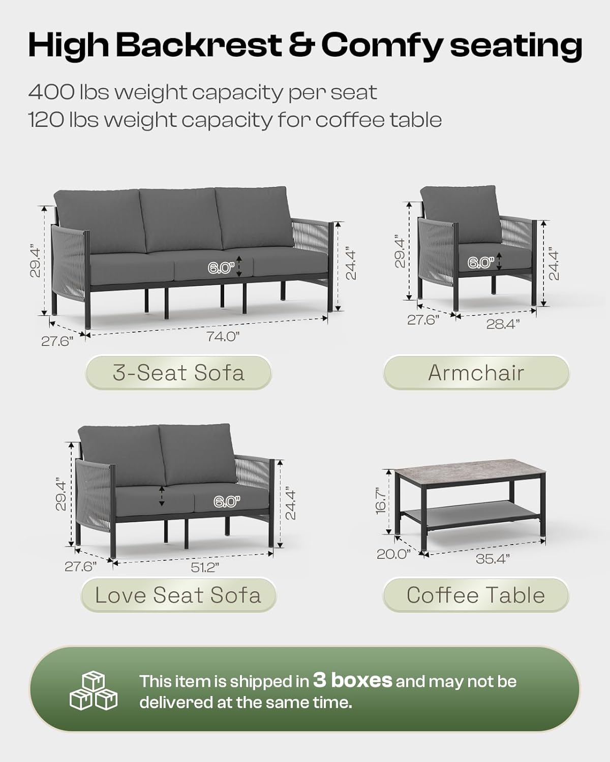 Aluminum Outdoor Patio Furniture Set, HDPE Rope 4 Piece Modern Sectional Conversation Sets with Dual-Layer Coffee Table, All Weather Patio Couch Sofa with Thick Cushions, Gray Frame, Charcoal