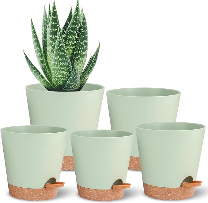 Self Watering Planters for Outdoor Plants 7/6.5/6/5.5/5Inch 5Pack Flower Pot for House Plants Green Indoor Plastic Pots Plant Pots Succulent Pots with Drainage Hole and Deep Reservoir