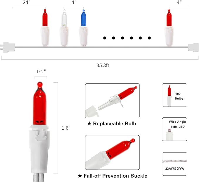 MULTI-SPARKING Red White and Blue LED Christmas Lights - 100 Count 4th of July Patriotic String Lights for Tree, Party, Independence Day Decorations, 33 Feet White Wire, UL Certified, Connectable